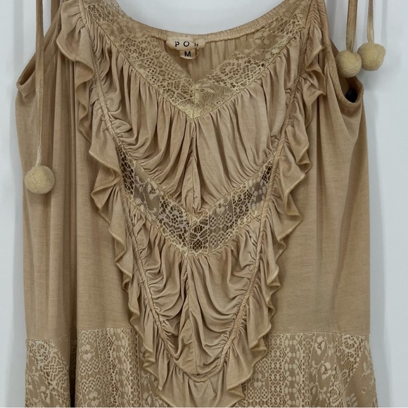 POL Womens Sleeveless Tank Top Camisole Beige Neutral Lace Ruffle Adjustable NEW - Picture 2 of 13